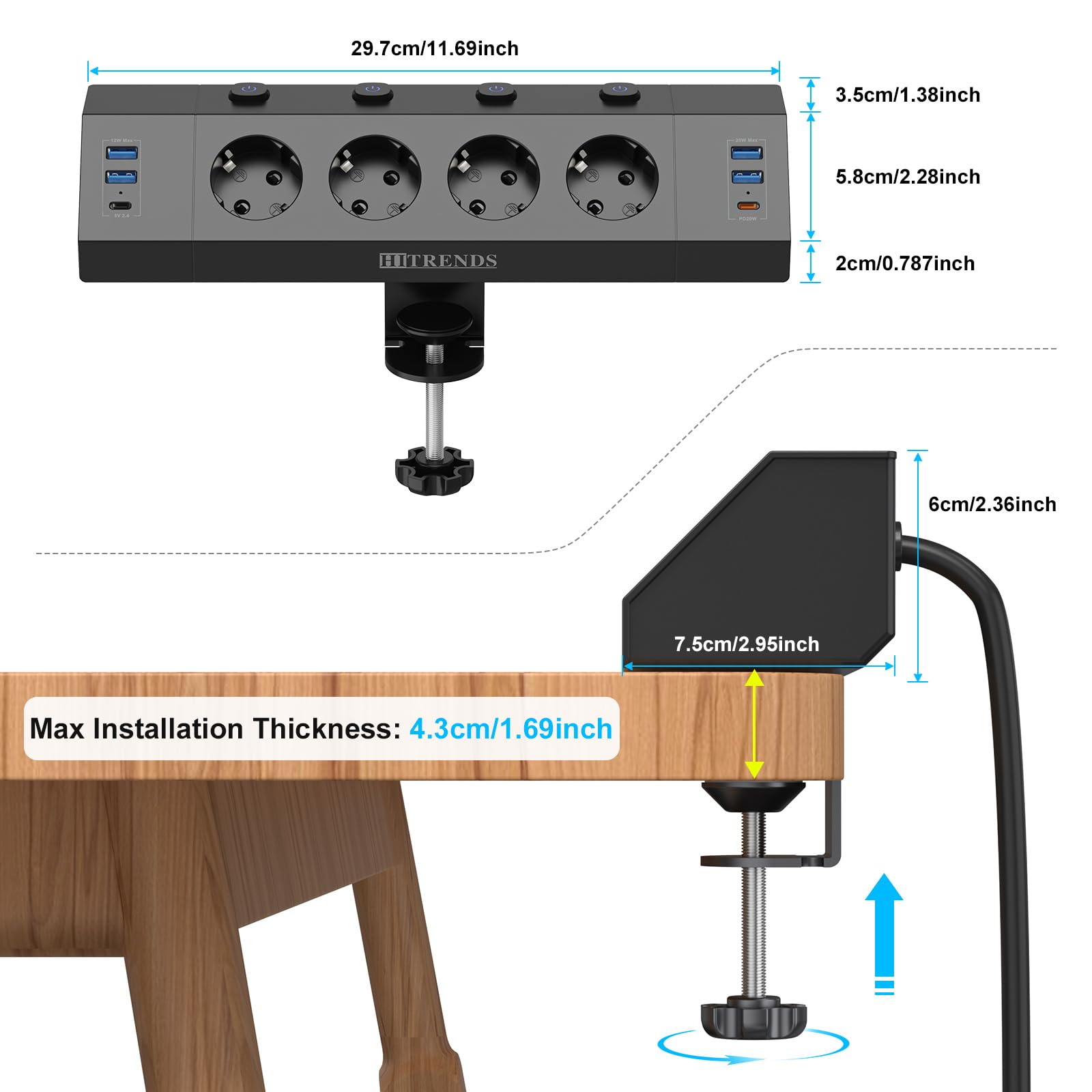 Regleta de mesa de 4 enchufes con USB C (PD 20 W), regleta de esquina para escritorio, interruptor individual, enchufe de escritorio, enchufe de mesa, con cable de 3 m, color negro