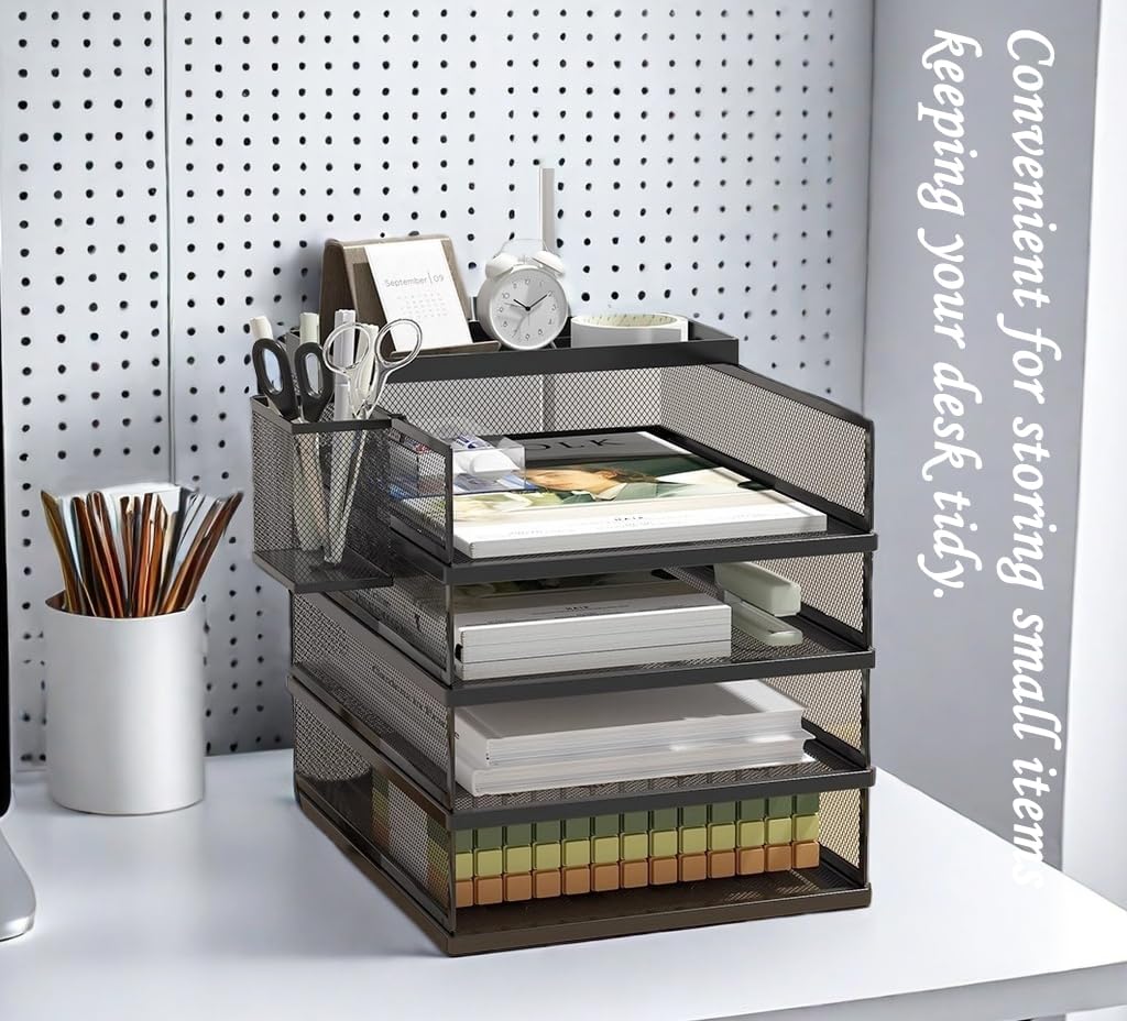 2/3/4-Tier Desk Organizer,Stackable Paper Tray,Metal Mesh Desktop Organizer, Paper Sorter, Letter Trays,File Document Storage Rack for for Home, Office, School, Black/White (2-Tier, Black)