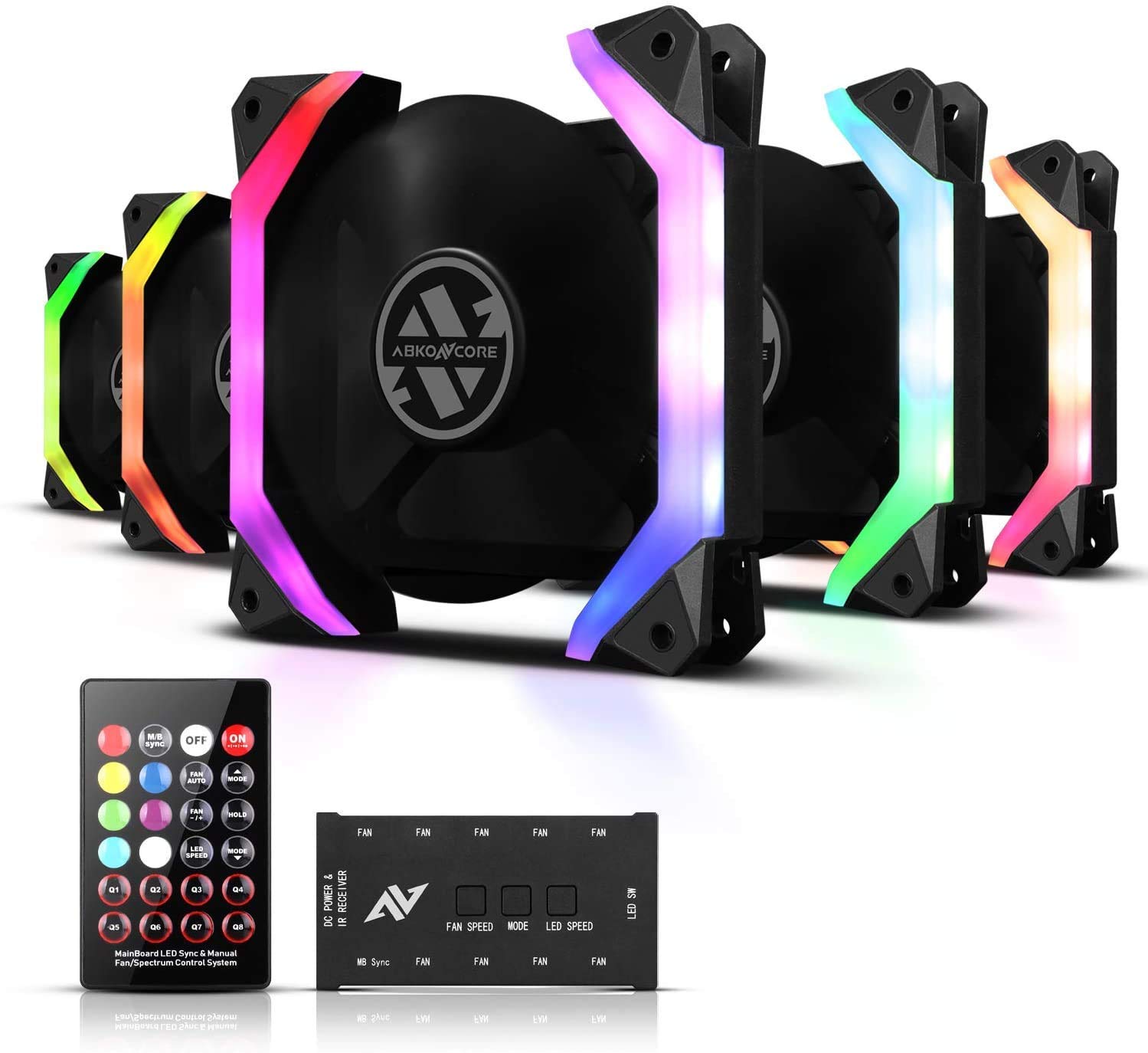 ABKONCORE SP120 RGB Fans I 5 Pack 4.7" Computer Fans I Unique Spider-Shape Frame I 5V ARGB Motherboard SYNC I Remote Controller I Ajustable Fan Speed and Color I Hydro Bearing Fan with Fan Control Hub