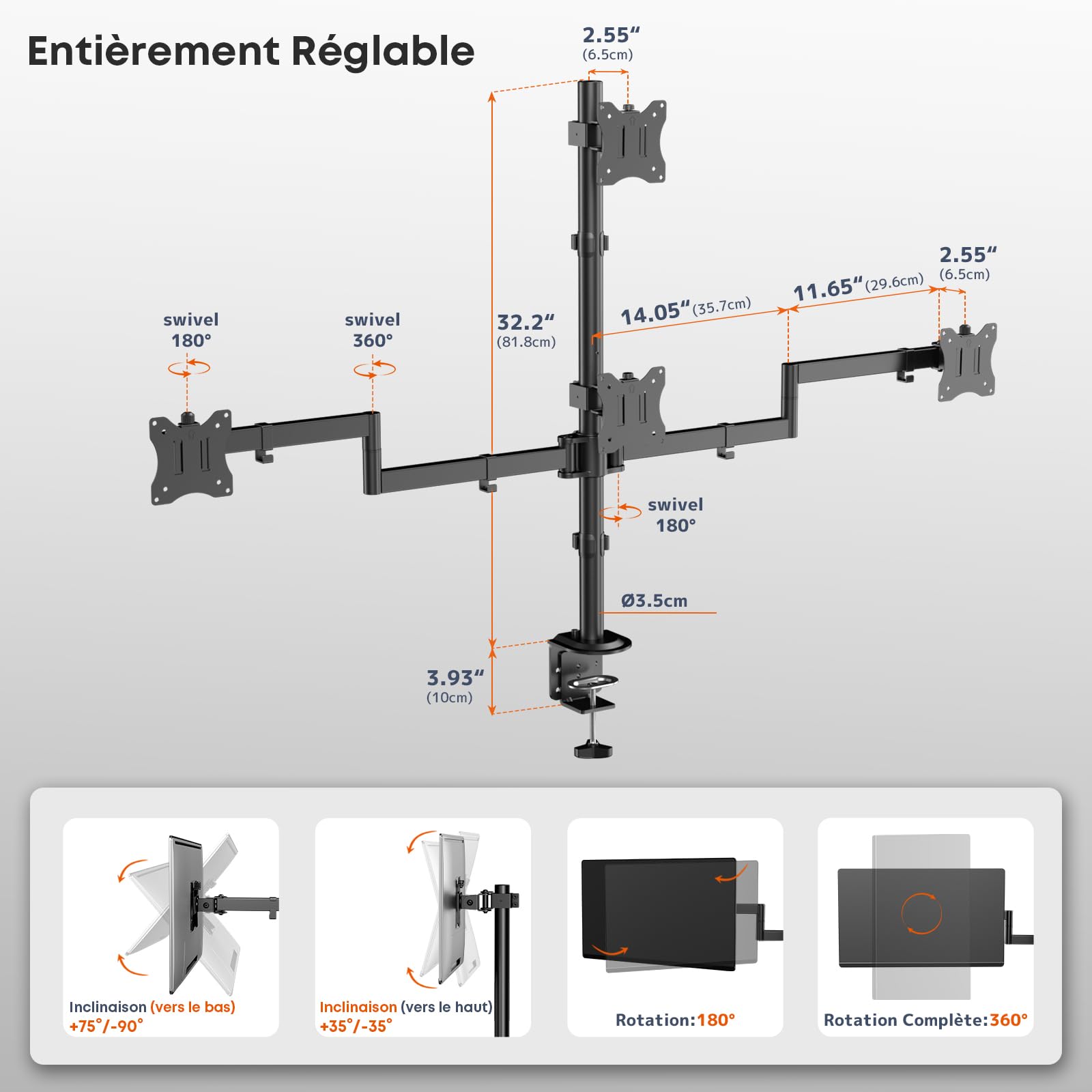 Support pour 4 Moniteurs 17"-27", Support de Bureau Réglable pour Écrans LCD LED, Montage Vertical, Poids Max 10 kg par Bras, VESA 75/100, Noir