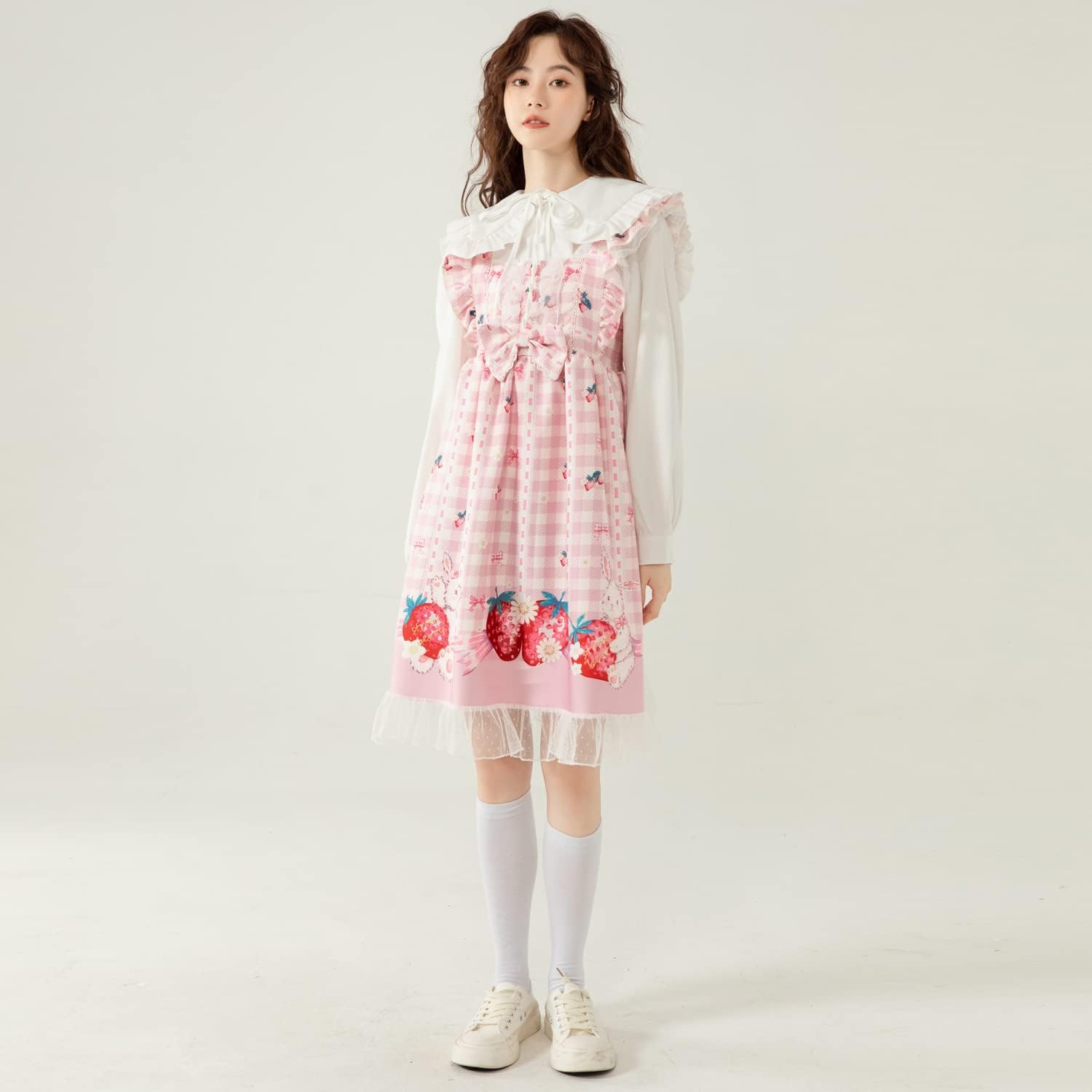 Sweet Teens Japanese Style Lolita Dress Cute Bunny Strawberry Print High Waist Plaid Dresses