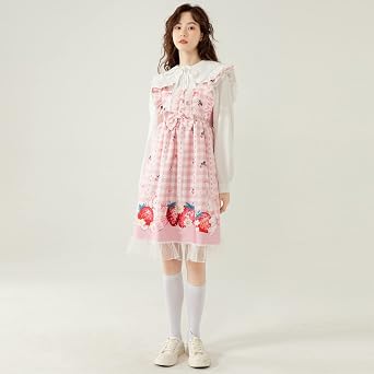 Sweet Teens Japanese Style Lolita Dress Cute Bunny Strawberry Print High Waist Plaid Dresses