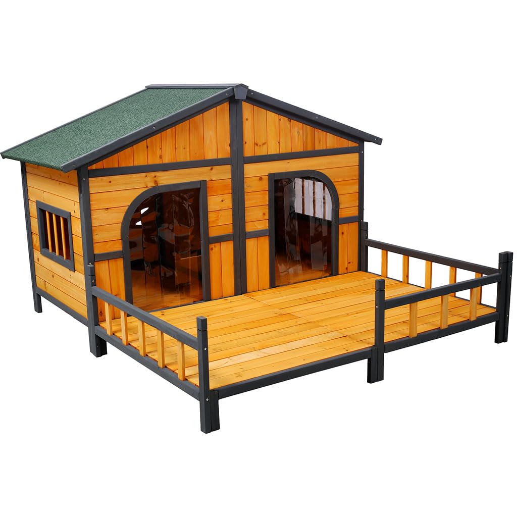 Extra Large Dog House for 2 Dogs, Outdoor Weatherproof Dog Kennel Outside with Elevated Floor and Porch, XL Doghouse Puppy Shelter for Small & Medium & Large Dogs, 64''L x 52.5''W x 39.5''H(incomplet only 1 box )