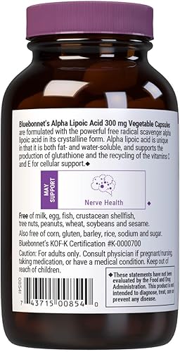 Miniatura 3 de BlueBonnet Ácido alfa lipoico de 300 mg – Potente suplemento antioxidante de apoyo nervioso para mujeres y hombres – Sin OMG, vegano, Kosher – Sin