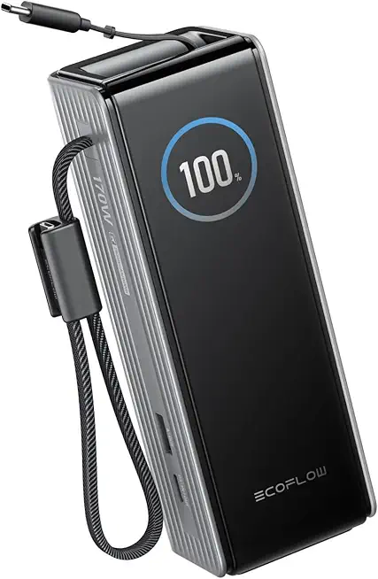 EcoFlow Rapid Powerbank 25 000 mAh 170 W mit 100 W integrierte und einziehbare Kabel, tragbares Ladegerät mit 100 W USB-C Anschluss, für die iPhone-Serie, Samsung, MacBook und mehr, Silber