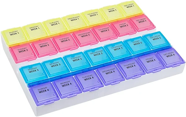 EZY DOSE Monthly (28-Day) Pill Case, Daily Medicine Planner, Vitamin Organizer, Supplement Container, One Month, Large Contoured Compartments, Convenient and Easy to Use, Colored Lids, BPA Free