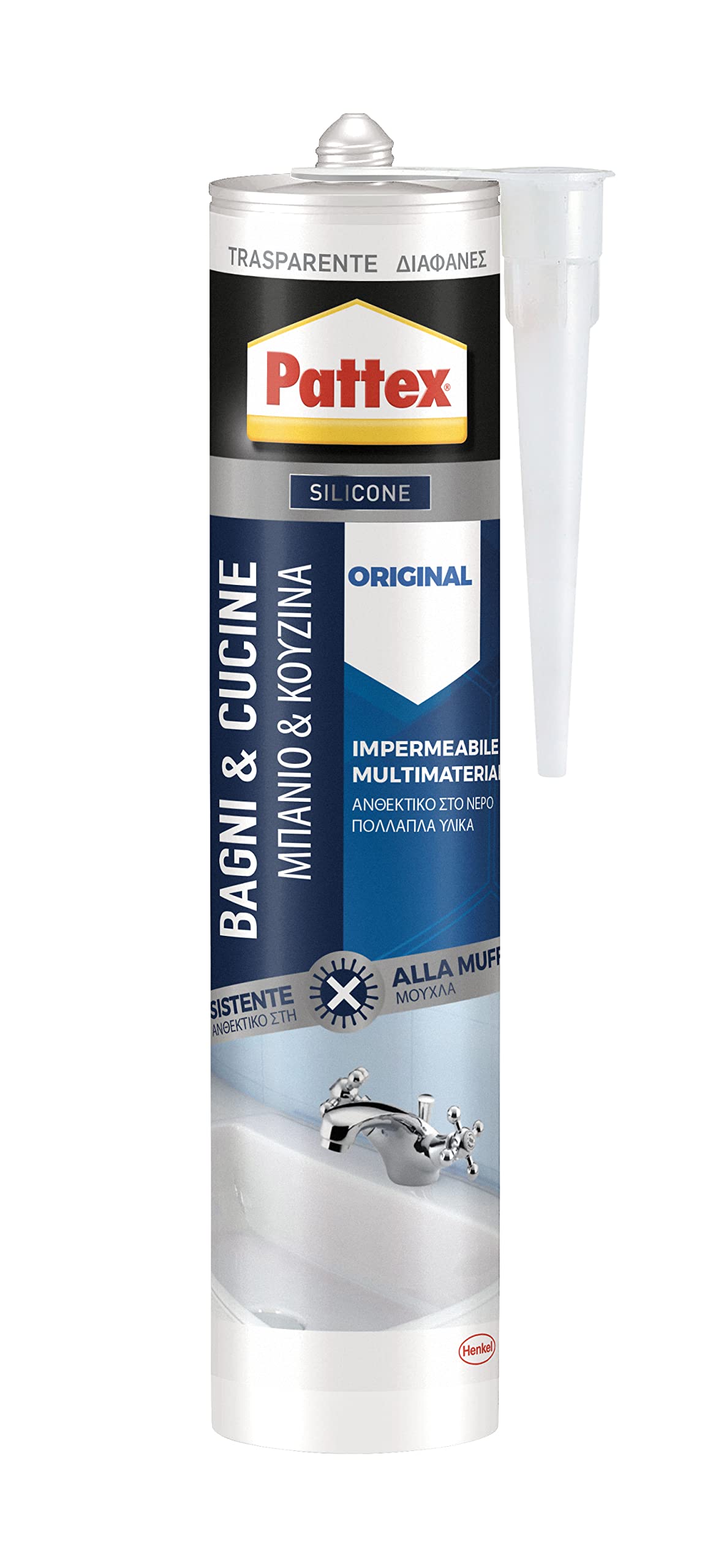 PATTEX Bagni&Cucine Original Silicone Trasparente Sigillante, Silicone Cucina e Bagno Resistente alla Muffa, Silicone Sigillante Impermeabile, 1 Cartuccia da 280 ml