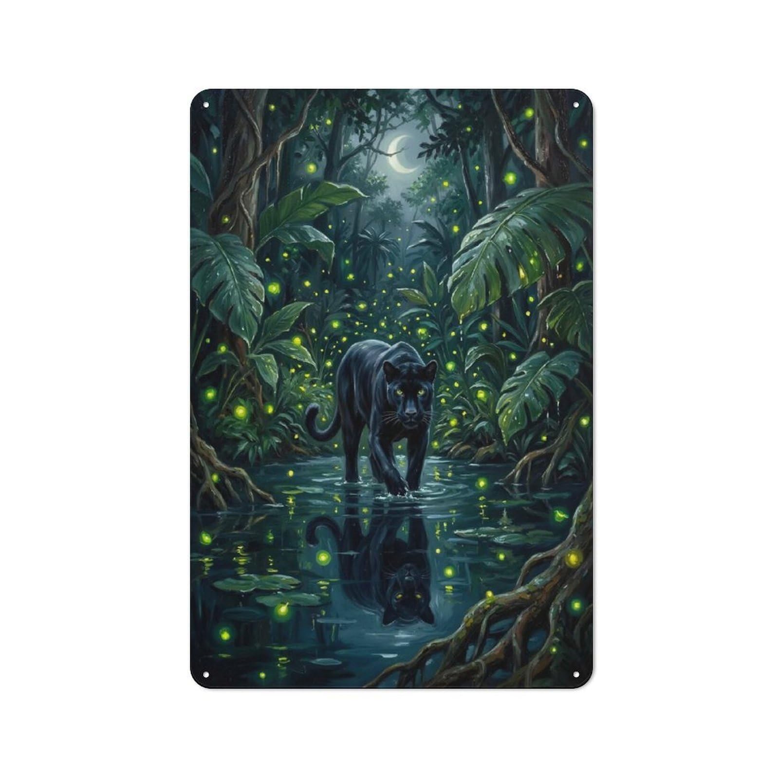 Junmoney Style-5 Black Panther In Jungle At Night Warehouse Style Metal Wall Decor 30X20cm, Tin Wall Sign For Modern Home, Workshop, Office Or Cafe