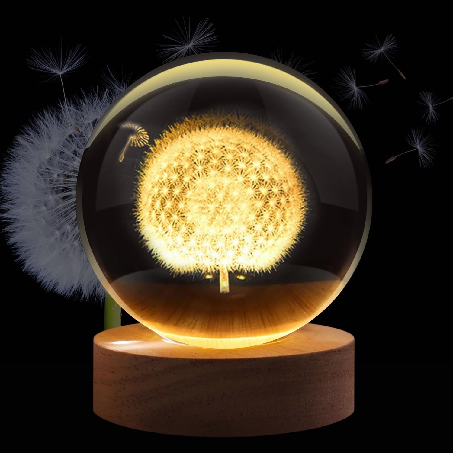 Flexzion 3D Dandelion Crystal Ball Night Light - LED Light Hologram Glass Lamp with Solid Wood Base, USB Powered Crystal Ball Lamp with Adjustable Brightness for Home Decor Display Gift, 2.4inch(60mm)