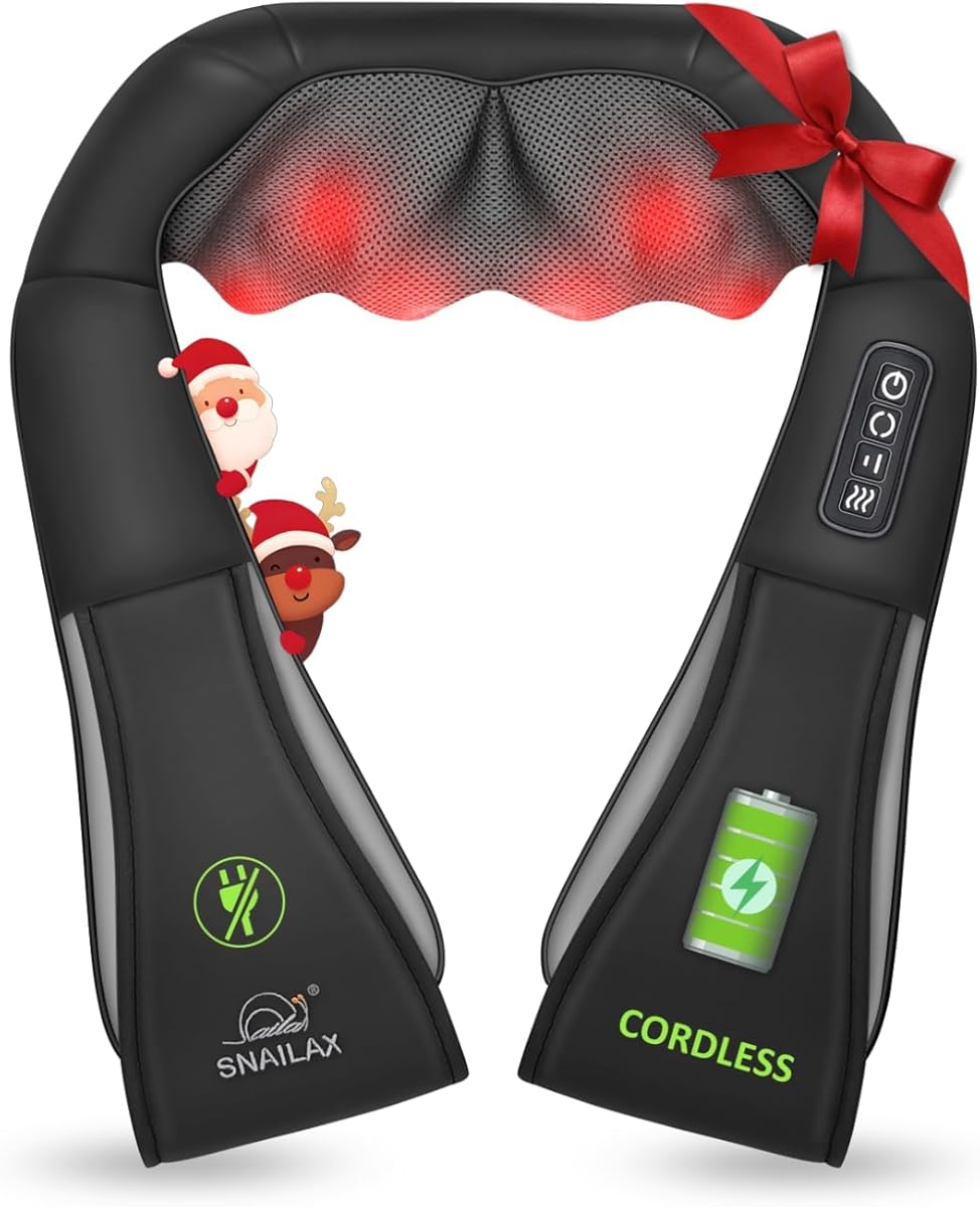 Snailax Cordless Massager - Shiatsu Neck and Shoulder Massager with Heat, FSA Eligible, Portable, Lumbar, Back Electric Massage Pillow, Christmas Gift