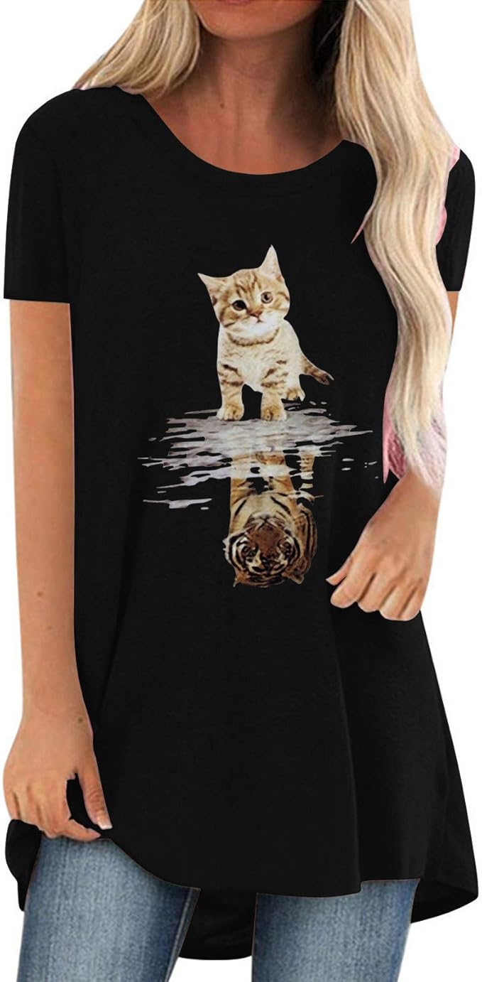 Women's Round Neck Short Sleeves Cat Print Tunic Tops Clothing