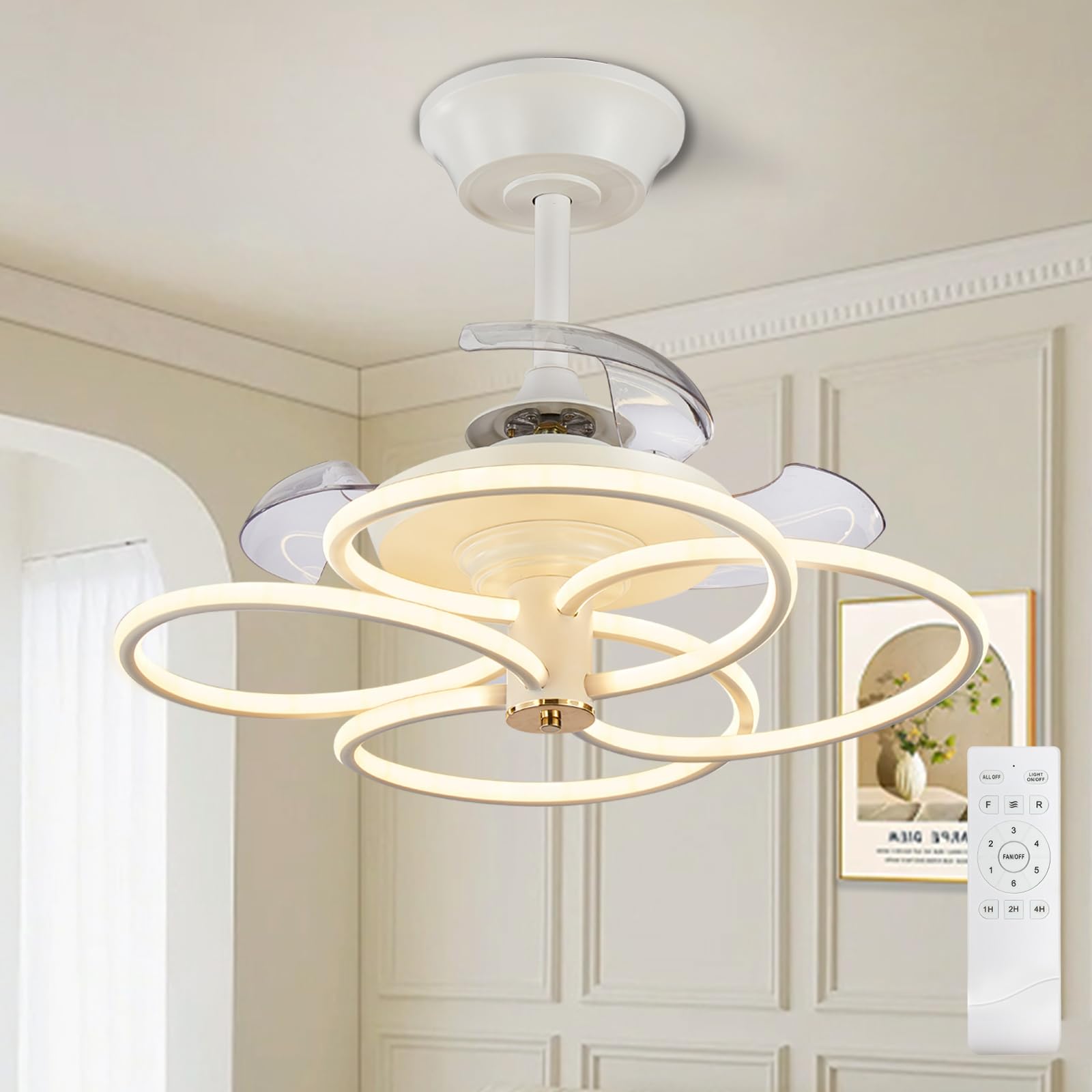 Depuley Fandelier Ceiling Fan with Light: Modern Flower Ceiling Fan Lights with Remote - Retractable Fan Light Ceiling for Bedroom, Living Room - Silent DC Motor, 3 Color Change, White 24.4"