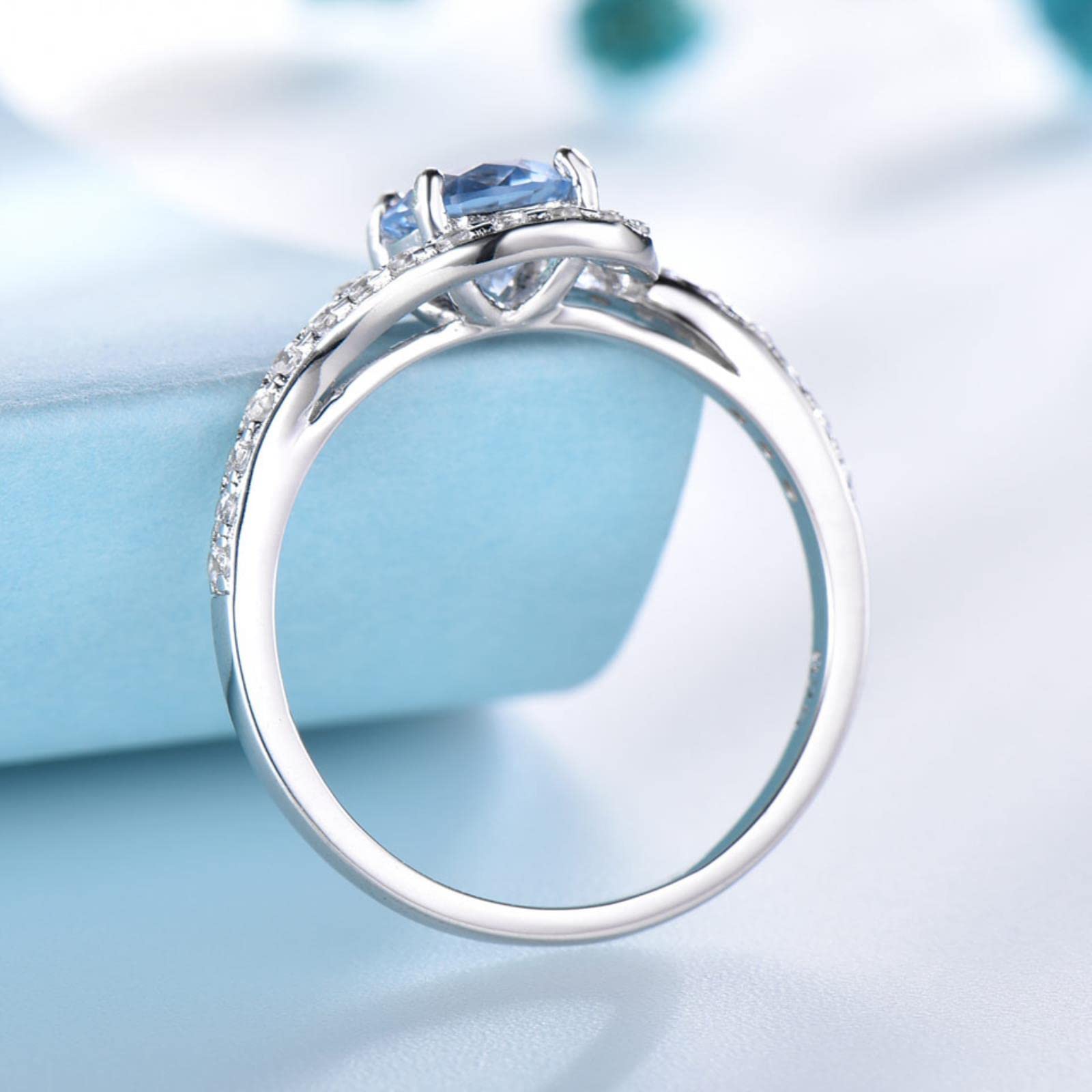 Anillos De Plata De Ley 925 Auténtica con Topacio Azul Cielo para Compromiso Femenino, Nupcial Romántico, Joyería Fina