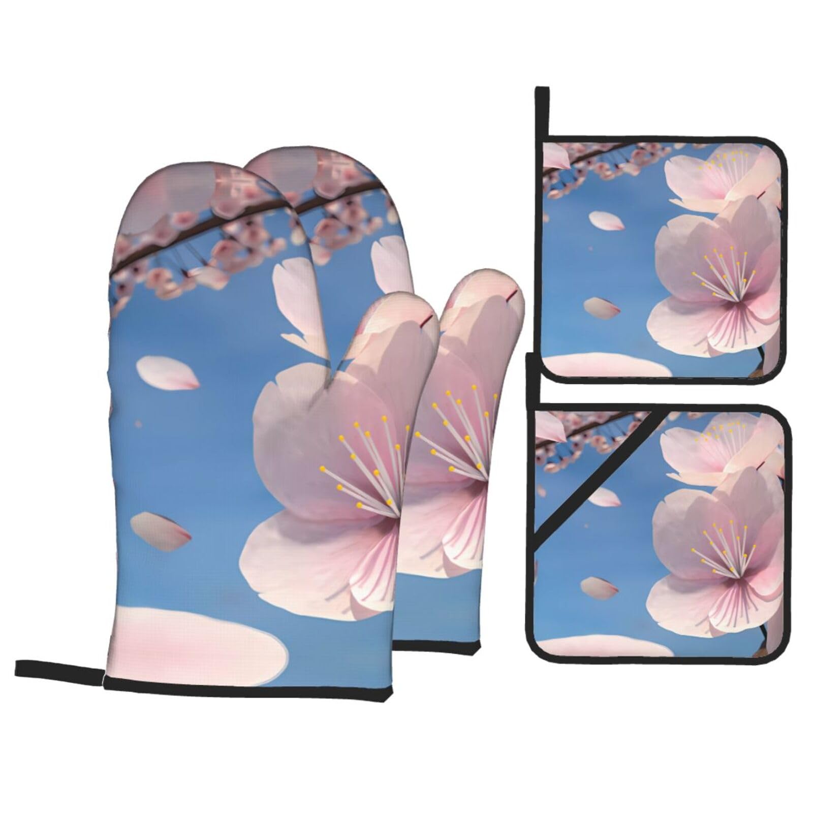 WHJSSF Cherry Blossoms Prints Kitchen Baking Set - 4-Piece Heat Protection Layers with Waterproof Potholders for Oven, Grill & Serving