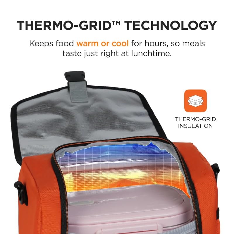 Image of Thermal Lunch Bag | Thermo-Grid Insulated, Water & Leak-Resistant, Easy to Clean | Lightweight School Lunch Box Bag with Shoulder Strap (Orange)