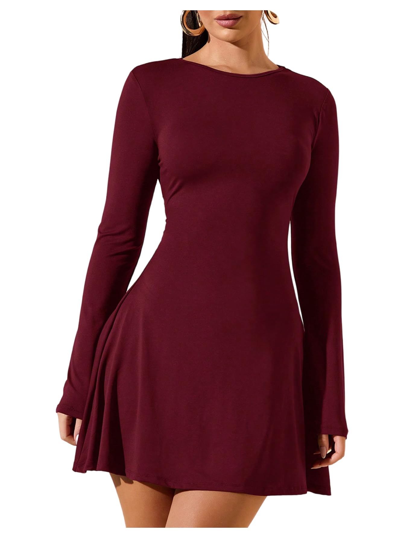 SOLY HUX Womens Long Sleeve Mini Dress Elegant Lace Up Crew Neck Work Office Dresses