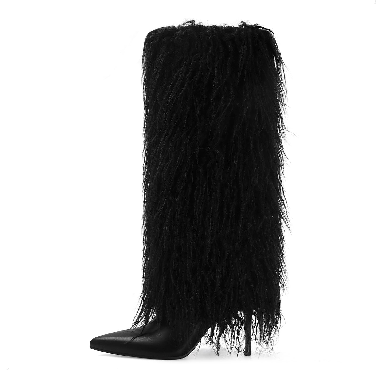 Fur Knee High Boots for Women Pointed Toe Stiletto Heel Fold Over Tall Boots Fashion Wide Calf Long Booties