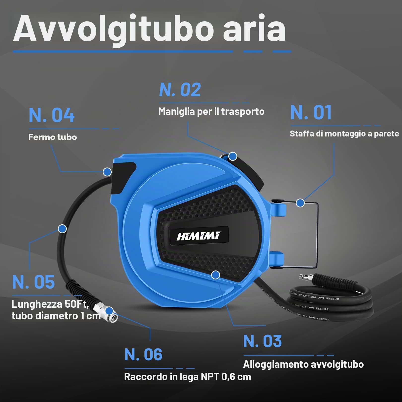 Avvolgitubo ad Aria Compressa con 9,5mm x 15m + 1.5m Tubo, 1/4" BSPT Raccordi Rapidi, Avvolgitubo da Parete per Aria Compressa, Arrotolatore Riavvolgimento Automatico, Max 12 Bar