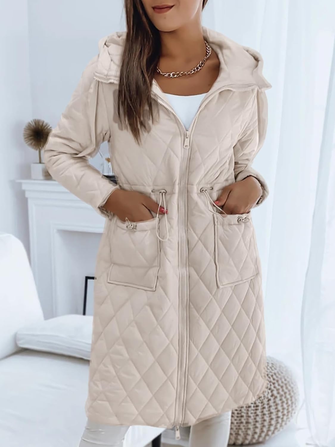 Imily Bela Womens Long Quilted Puffer Jacket Lightweight Zip Up Hooded Drawstring Winter Coats Outerwear with Pockets - Image 2