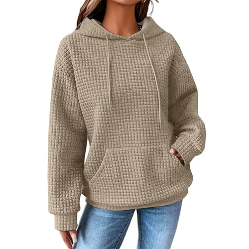 SHEWIN Womens Hoodies Casual Long Sleeve Drawstring Waffle Pullover Tops Loose Hooded Sweatshirt with Pocket