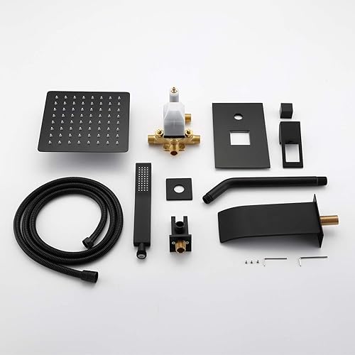 Miniatura 9 de sumerain Juego de grifo de ducha negro mate con boquilla de bañera de cascada y cabezal de ducha de mano, válvula de equilibrio de presión