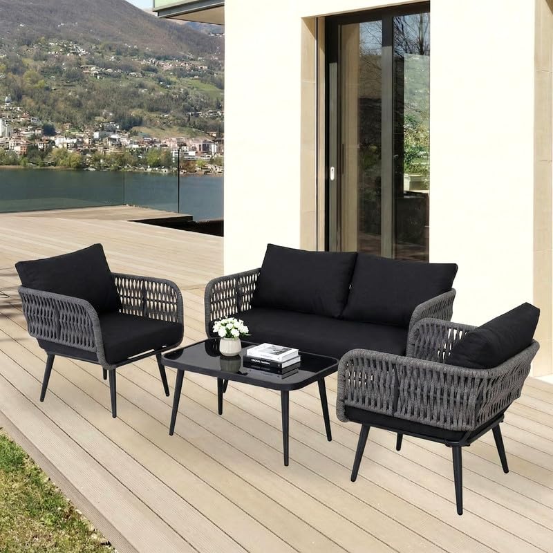 Image of OUTLIVING Outdoor Sofa Set || Balcony Sofa || Patio Furniture Sets | Conversation Sets | Braid & Rope Garden Seater Sofa Set and Center Table (4 Seater Black-Grey)