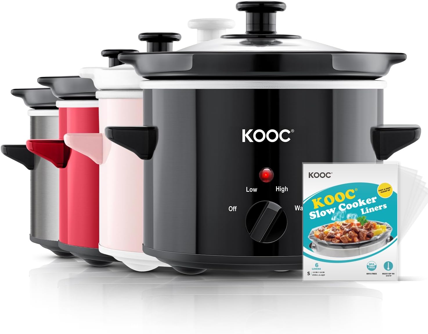 KOOC Small Slow Cooker, 2-Quart, Free Liners Included for Easy Clean-up, Upgraded Ceramic Pot, Adjustable Temp, Nutrient Loss Reduction, Stainless Steel, Black, Round…