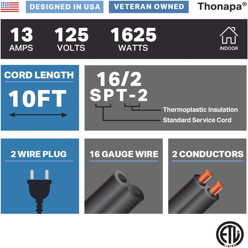 Thonapa 10 Ft Black Extension Cord 2 Prong 3 Outlets, 2 Pack, 16/2 Indoor Extension Cord with Multiple Outlets, 13 AMP Electrical Cable for Home, Office, Household Appliances