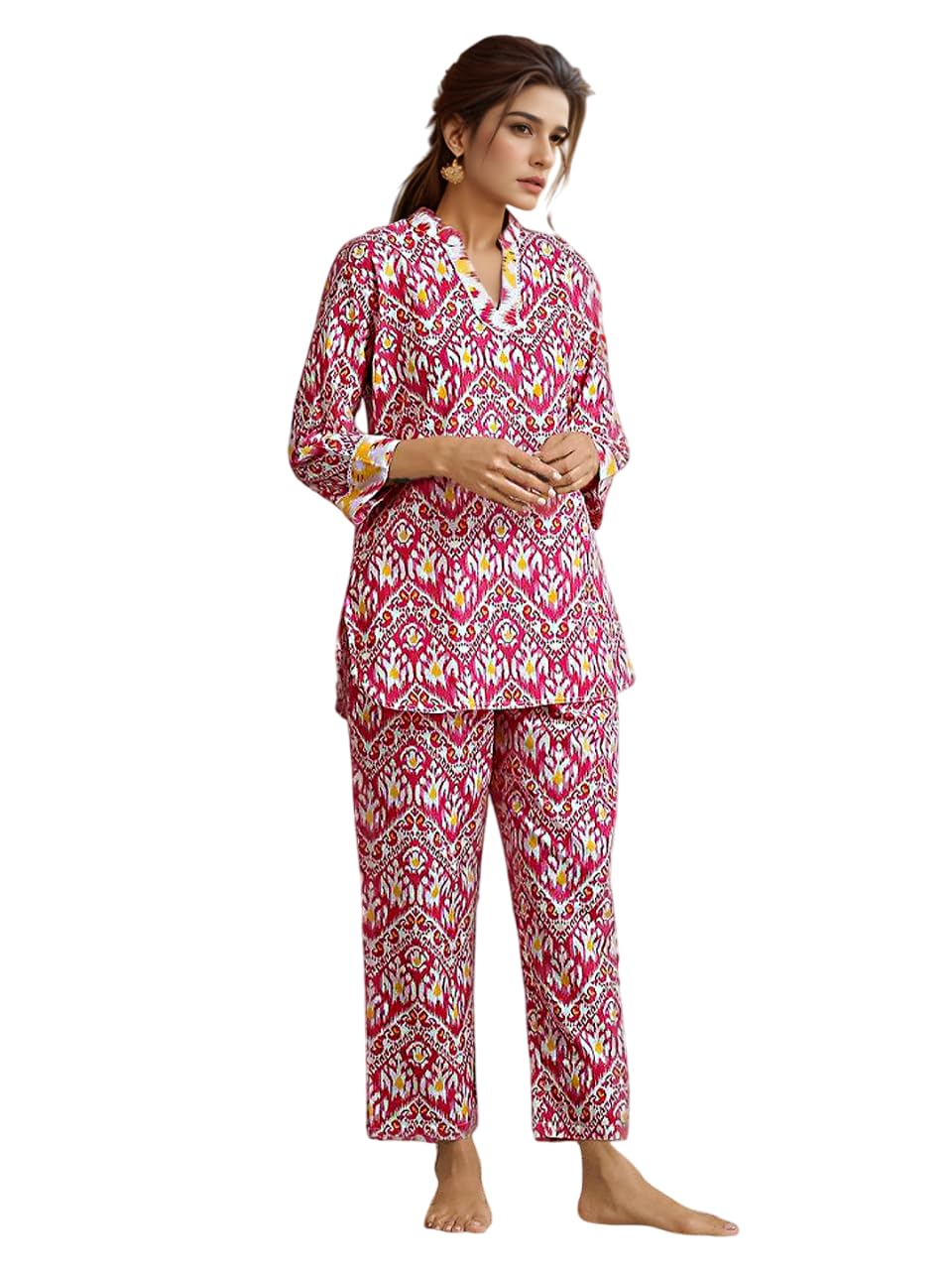 Nainvish Women's Pink Printed Straight Rayon Blend V-Neck Co-Ord Set (Sd727_Kb-L_Pink)
