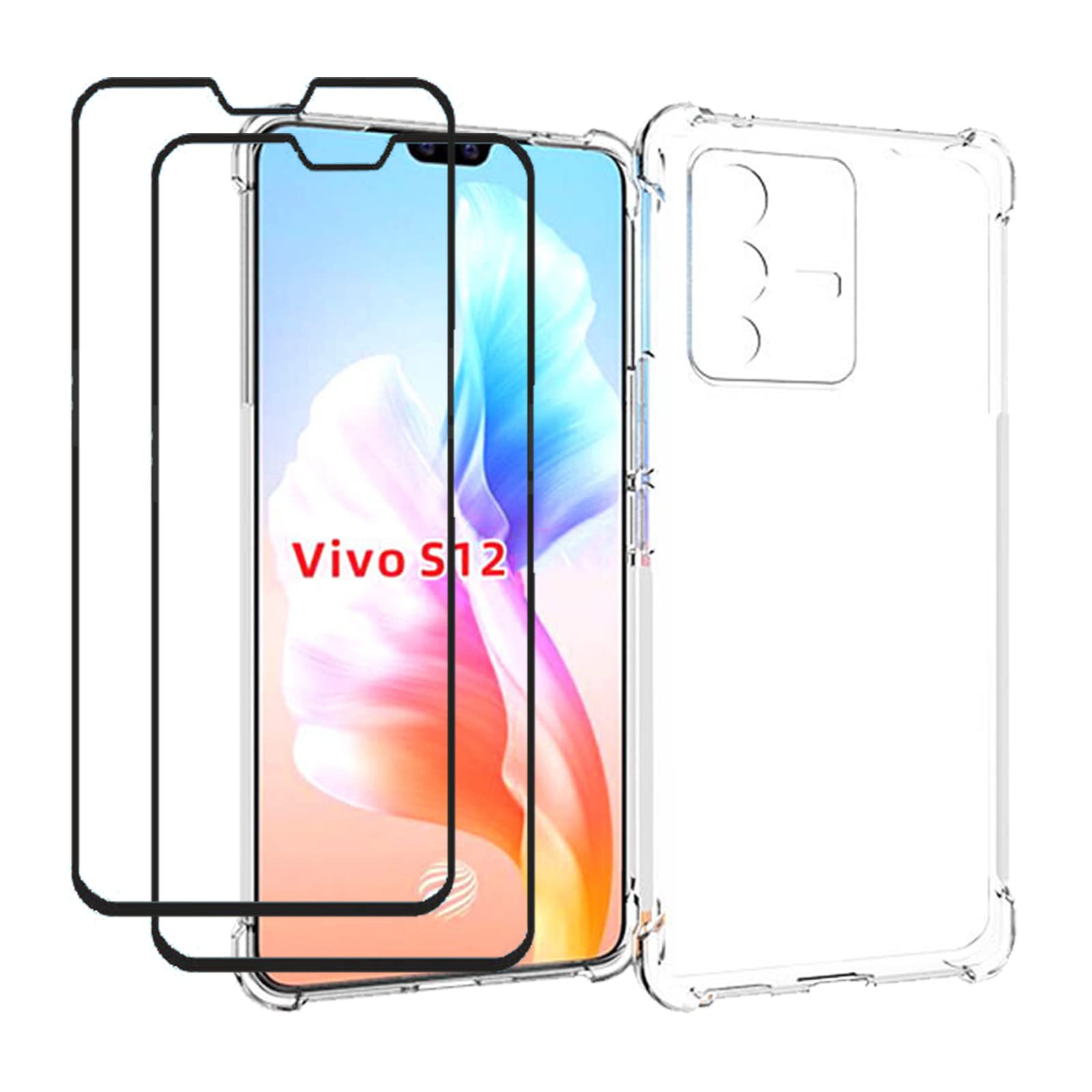 EasyLifeGoEasyLifeGo for vivo S12 / vivo V23 5G Case with Tempered Glass (2 Pieces) Slim Shock Absorption TPU Soft Edge Bumper with Reinforced Corners Transparent Protective Cover