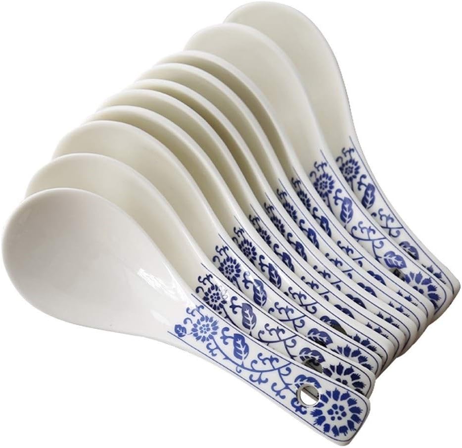 Scoop Ceramic Soup Spoons with Blue Patterned Handle Porcelain Soup Spoons,Table Spoons, Dinner Spoons,6.7 Inch Long,Set of 10 Soup Spoon
