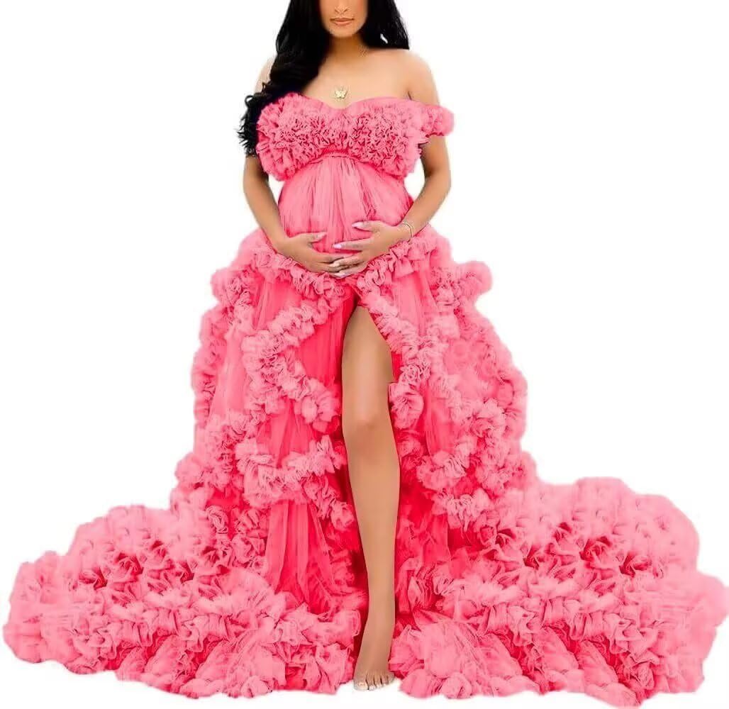 Women's Puffy Tulle Maternity Dress Illusion Ruffles Pregnancy Photoshoot Robe Sheer Baby Shower Gowns Bathgown