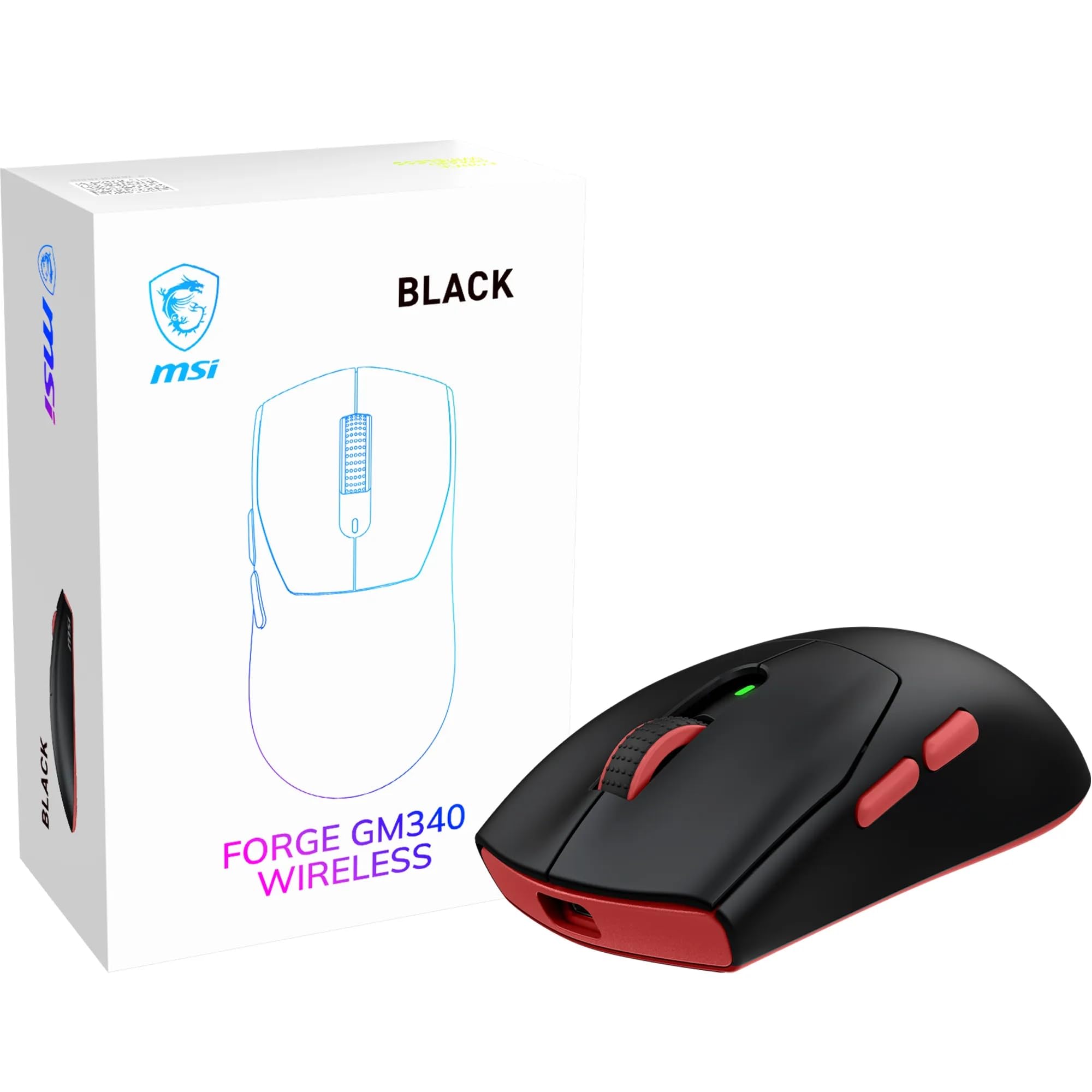 MSI Forge GM340 Wireless Black Bezprzewodowa/przewodowa mysz do gier, 12000 DPI, częstotliwość odpytywania 1000 Hz, symetryczna konstrukcja, 50+ milionów kliknięć, 6 przycisków, autonomia 82 godziny