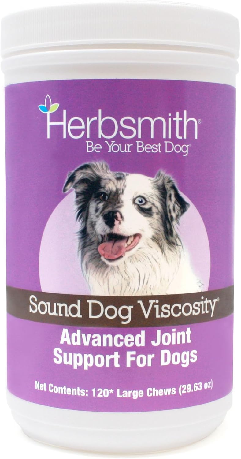 Herbsmith Sound Dog Viscosity – Advanced Joint Support for Dogs – Veterinarian Recommended Glucosamine for Dogs, Hyaluronic Acid, Chondroitin, MSM – Natural Arthritis Pain Relief – 120ct Large Chews