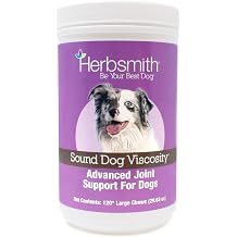 Herbsmith Sound Dog Viscosity Advanced Joint Support for Dogs Veterinarian Recommended Glucosamine for Dogs, Hyaluronic Acid, Chondroitin, MSM Natural Arthritis Pain Relief 120ct Large Chews