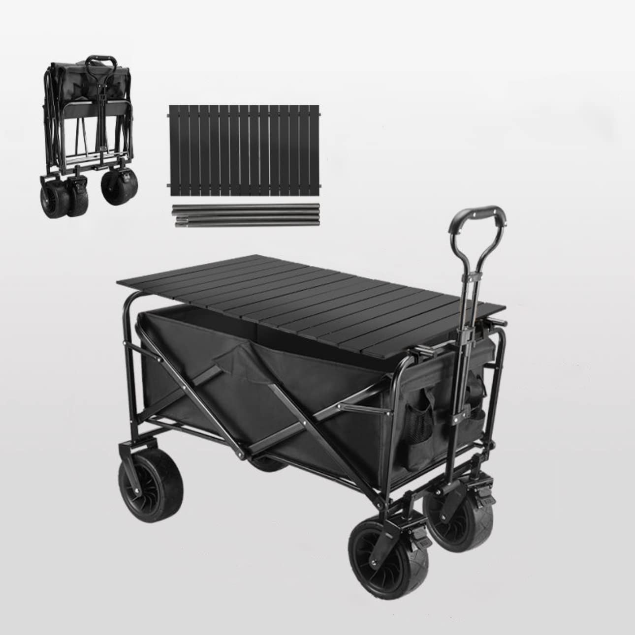 LIMOS Foldable Wagon Heavy Duty Cart with Big Wheels and Table Plate,Portable Collapsible Utility Camping Cart for Outdoor, Camping,Pinic,Garden (Black)