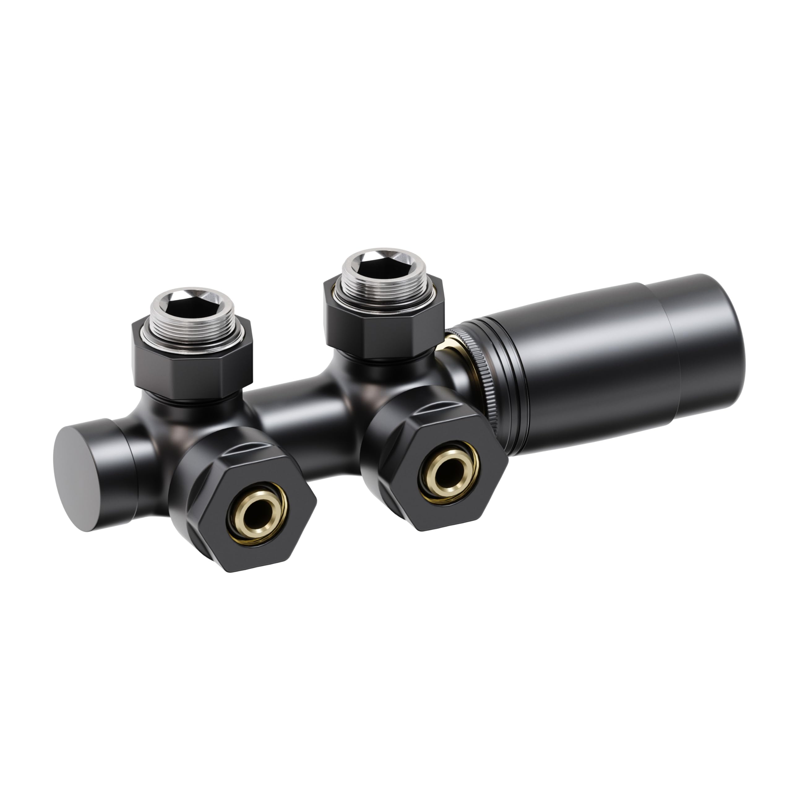 Aquabad® Kit de válvula acodada con Termostato para radiadores con conexión Central de 50mm, Negro Mate, Incluye adaptadores para Tubo de Cobre de 15mm y Tubo Multicapa de 16mm PEX