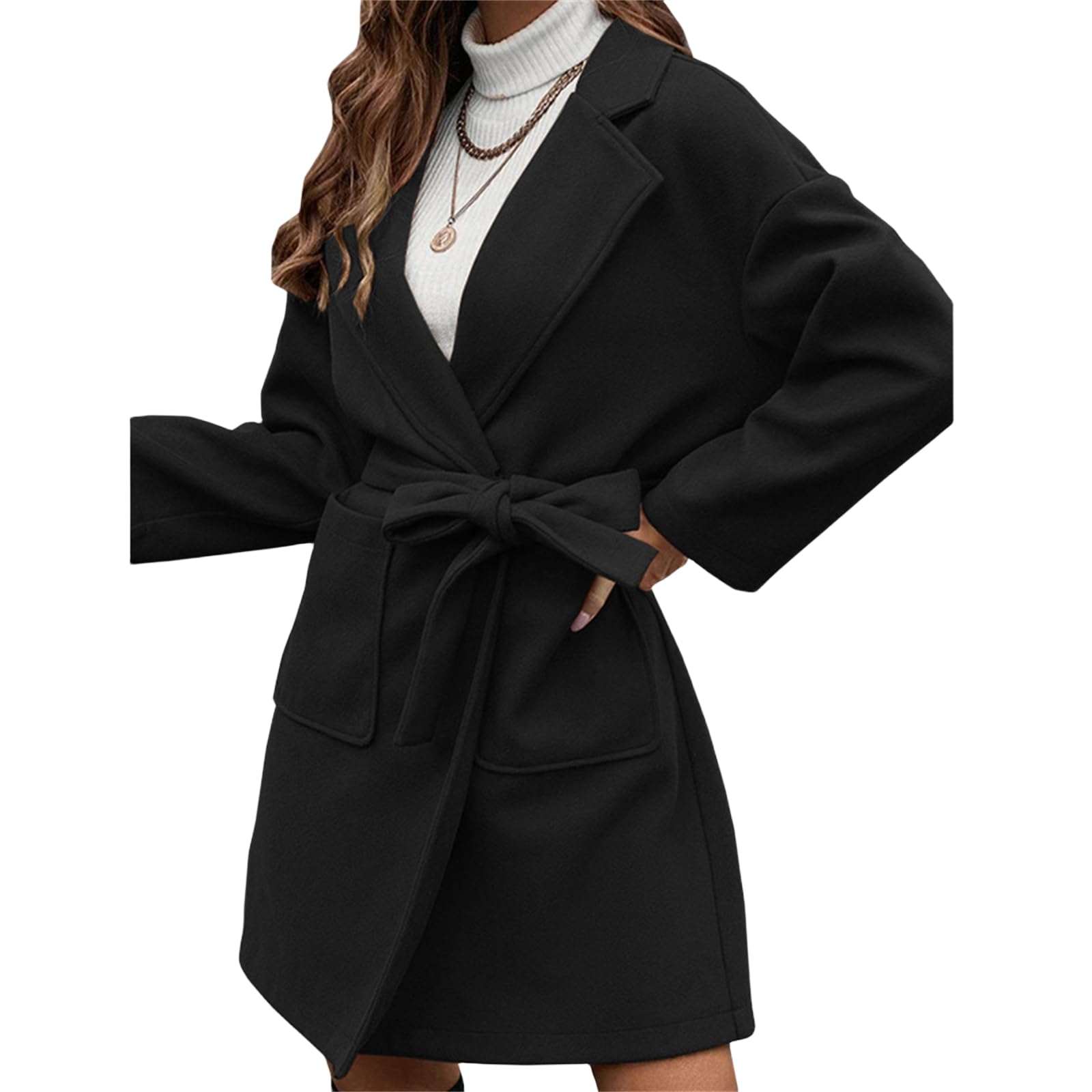 Womens Classic Coat Lapel Collar Open Front Long Jacket Trench Coat Fall Long Cardigan Sweater Knit Coat Dressy