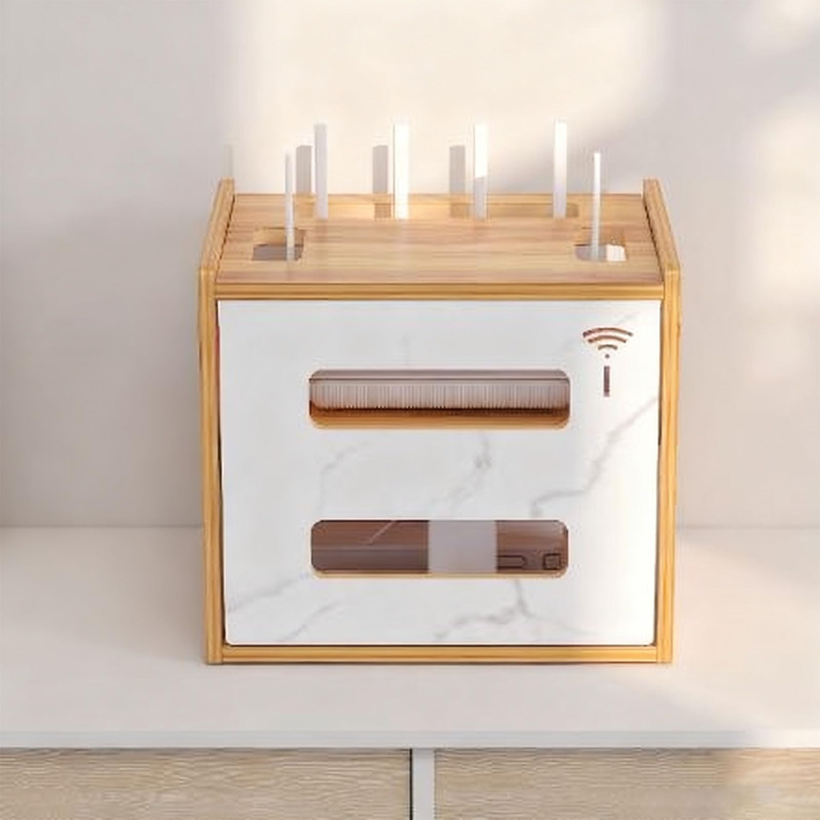 Boîte rangement routeur anti poussière cache câble bois et dalles salon