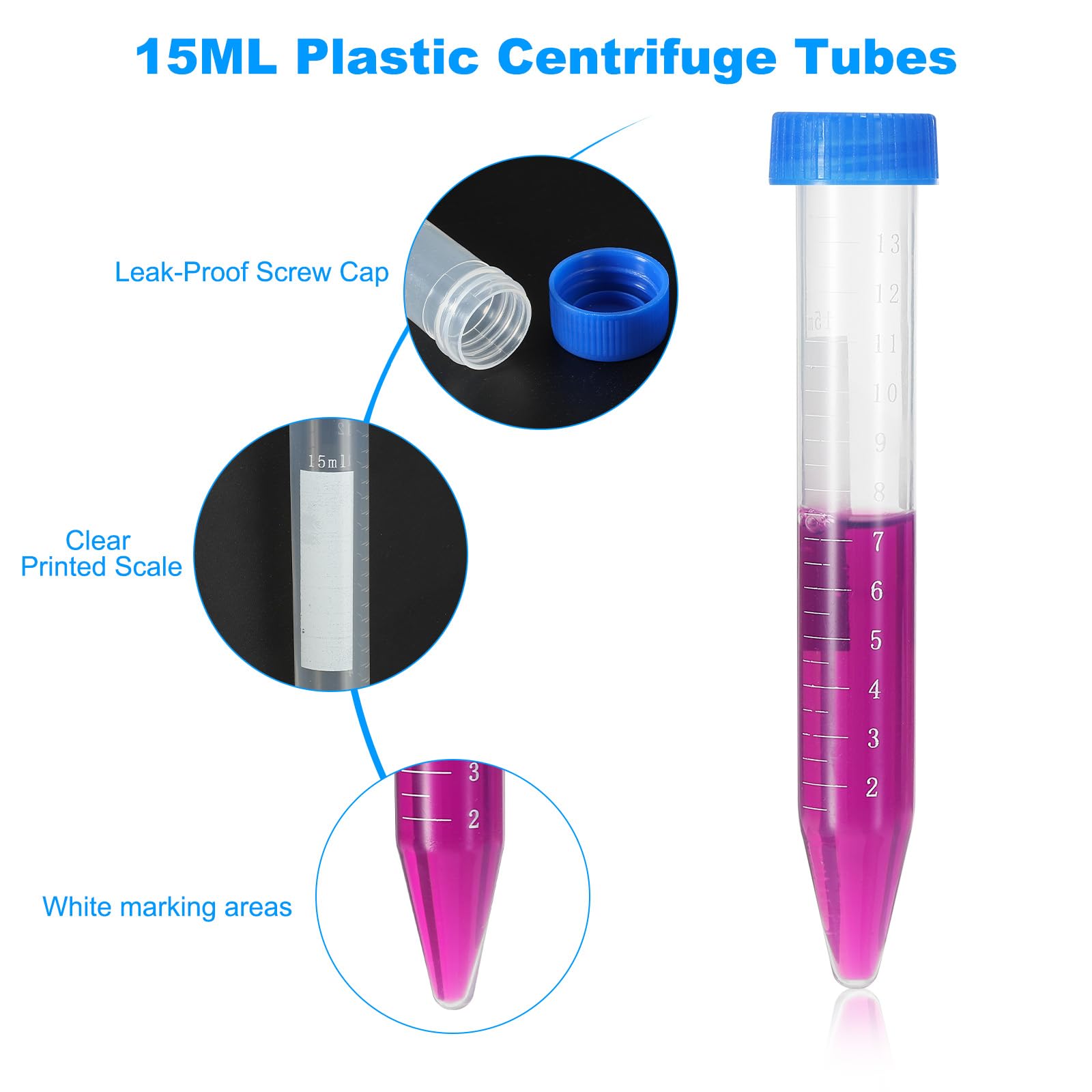 PATIKIL 15ML Tubos De Plástico Para Centrífuga, 200 Pcs Envase De Tubos De Ensayo Cónicos Con Tapas Azules A Prueba De Fugas Y Marcas Graduadas Para Líquidos De Laboratorio