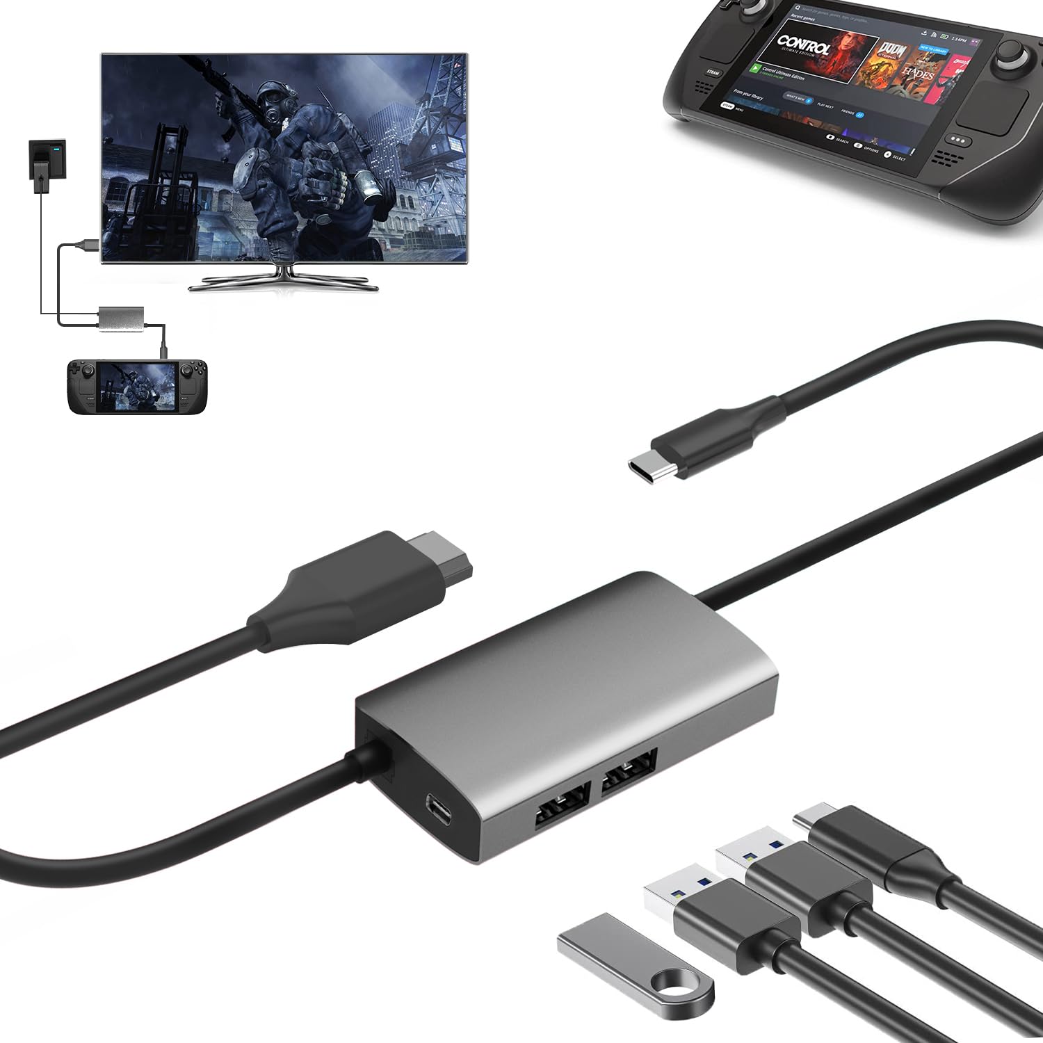 Steam Deck Dock, 6-in-1 Docking Station for Steam Deck, Steam Deck Docking Station with HDMI 2.0 Cable, 4K@60Hz, 3 USB-A 3.0 and 100W USB-C Charging Port, Switch Dock Suitable for Travel Office