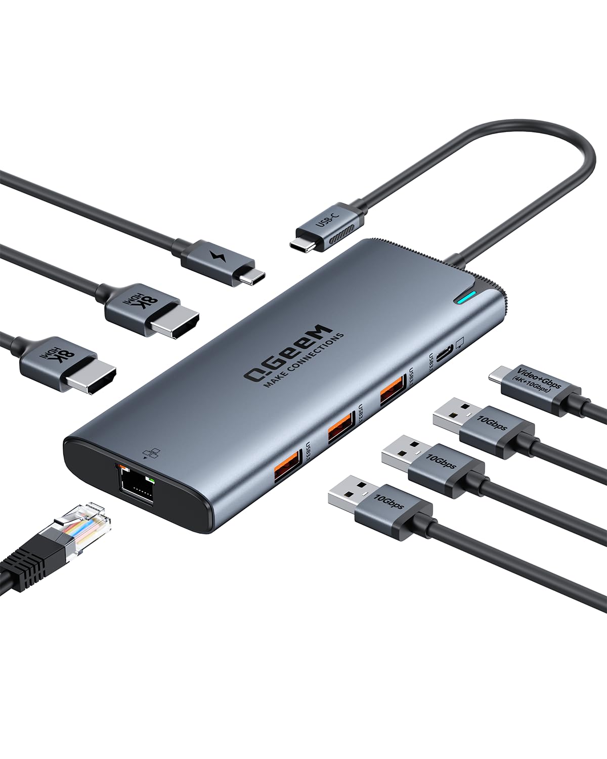 QGeeM USB C Hub,8 in 1 Extender Splitter with Single 8K,Dual 4K@60Hz HDMI,Multiport USB C to Ethernet Adapter for Type C Device,USB A 10Gbps Data,
