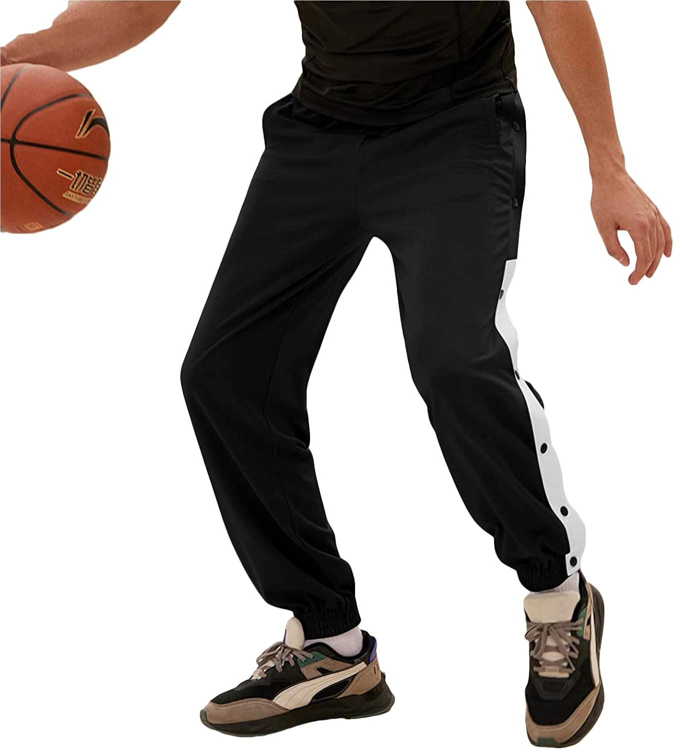 Men's Tear Away Basketball Track Pants High Split Side Snap Cinch Bottoms Loose Sweatpants Casual Athletic Workout Trouser