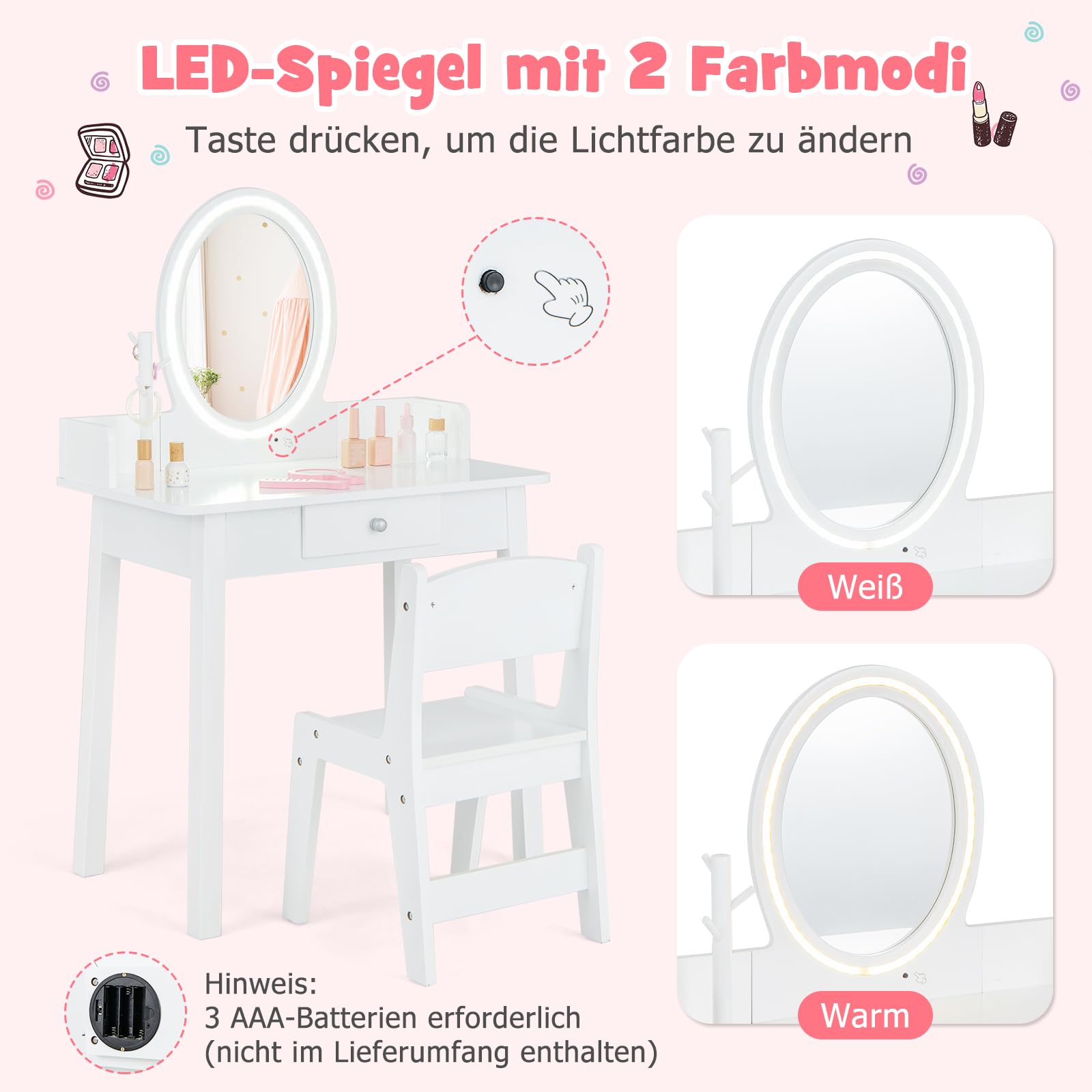 DREAMADE Schminktisch Kinder mit LED-Spiegel & Kiefernholzbeine, Prinzessin Frisiertisch mit Schublade & Schmuckständer, Kinderschminktisch mit Hocker für Kinder Mädchen (Weiß)