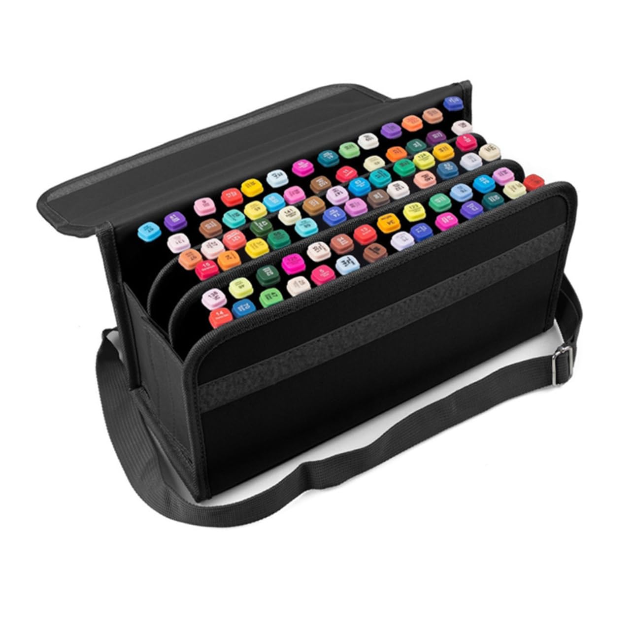 POPETPOP Astuccio Porta Pennarelli 80 Slot Nero con Organizer e Tracolla Regolabile per Viaggi e Scuola
