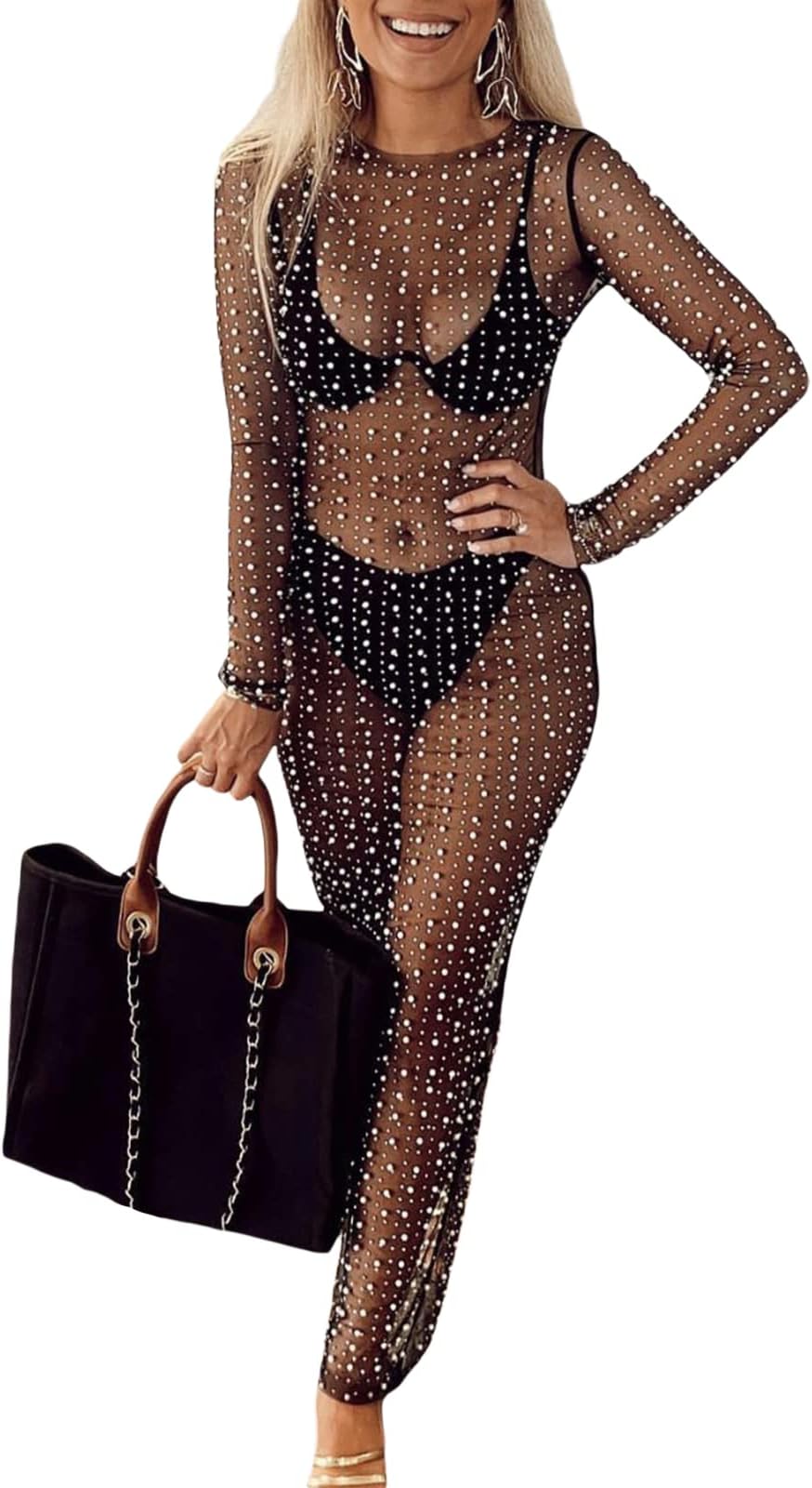 Women Sexy See Through Pearl Rhinestone Cover Up Summer Beach Sheer Mesh Long Dress Bikini Cover Ups
