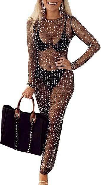 Honganda Sexy Womens Sheer Mesh Pearl Rhinestone Cover Up Dress Beach Swimwear Bikini Bathing Suit Coverups
