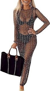 Sexy Women's Sheer Mesh Pearl Rhinestone Cover Up Dress Beach Swimwear Bikini Bathing Suit Coverups