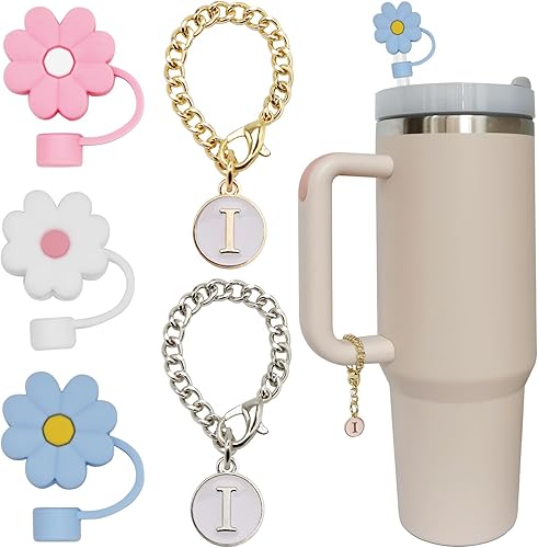 Stanley Cup 3 piezas de 30 y 40 onzas, 0.394 in de silicona con diseño de flores, tapa protectora con 2 dijes de letra inicial personalizados,
