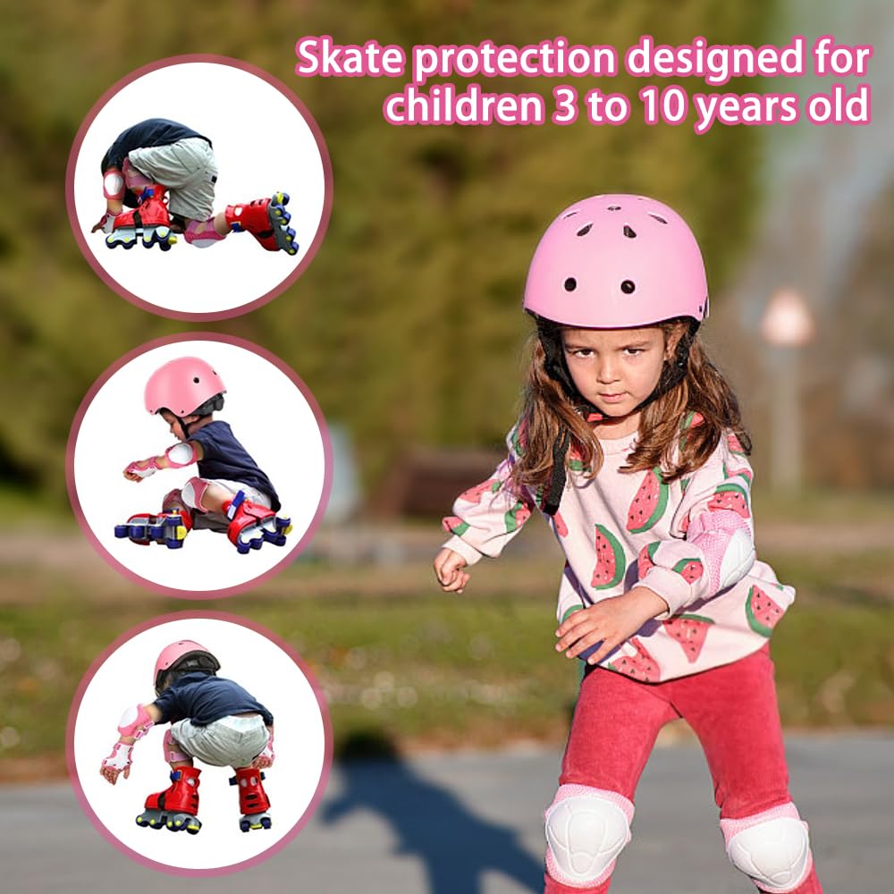 Genouillères Enfants 7 en 1 Set, Casque 3-7 Ans pour Skateboard, Vélo, Roller (Rose)